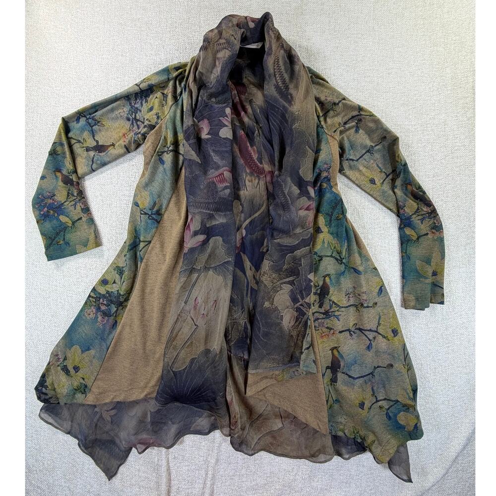 Soft Surroundings Women M Brown Bird Floral Asian Print Cardigan Sweater Boho